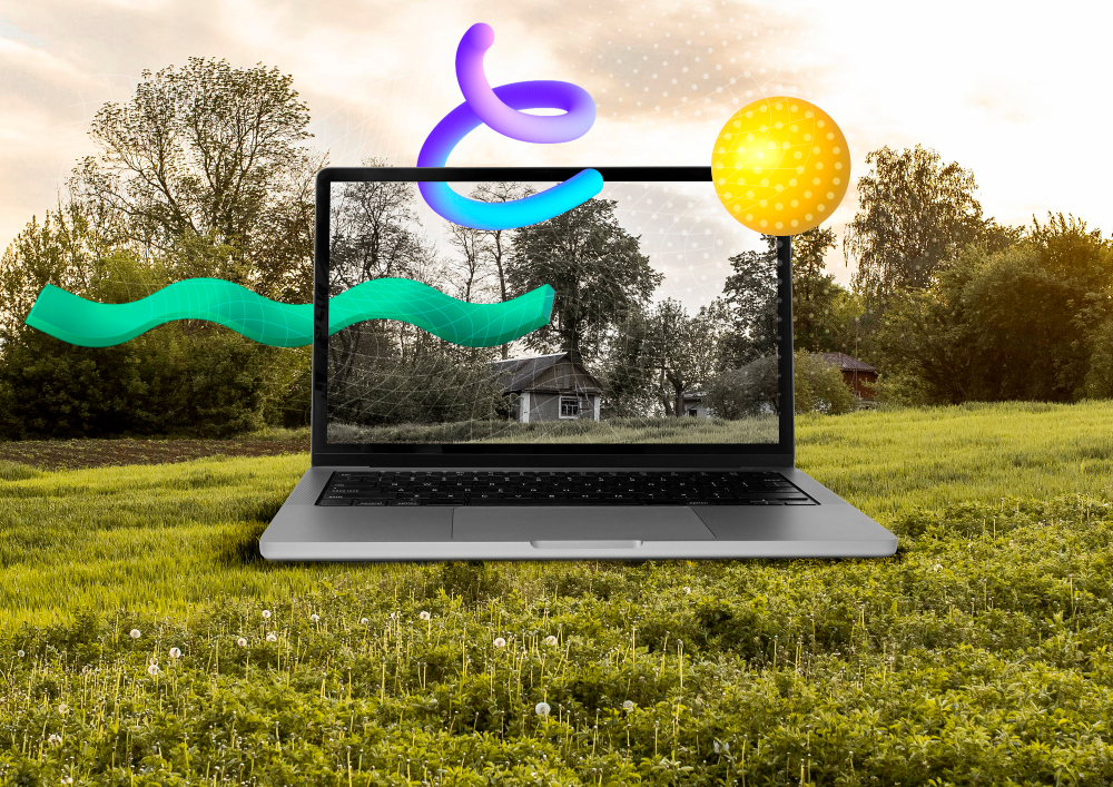 Laptop in nature concept and abstract shapes